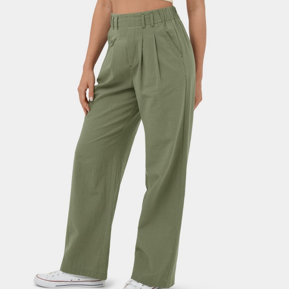 Halara Size XL Olive Lightweight Cotton Pleated Pull On Pants, Pockets - Picture 4 of 14